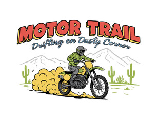 Motor Trail Drift Illustration.Retro Motocross Rider Graphic.Desert Dirt Bike Racing Art.Extreme Off Road Vector Print.Vintage Enduro Sports Badge