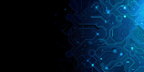 Abstract blue circuit board technology background with copy space on black