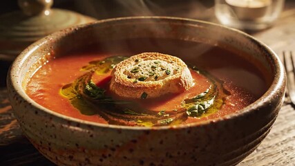 Exquisite Tomato Soup Presentation - A Culinary Masterpiece in a Bowl.