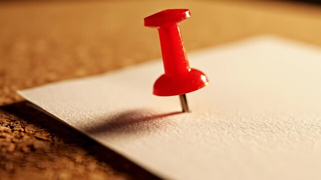 Red Thumbtack Securing White Paper to Corkboard