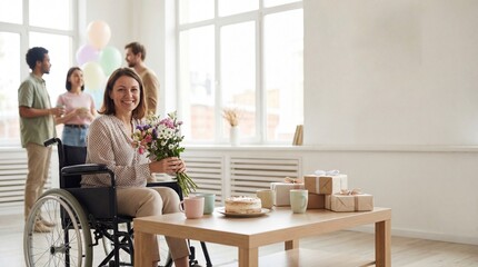 Woman in wheelchair holding flowers while sitting at a table indoors  