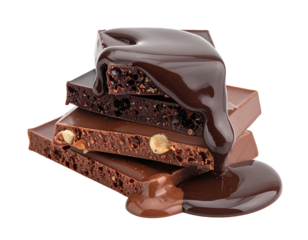Stacked chocolate blocks with various textures, drizzled with glossy, melting dark chocolate