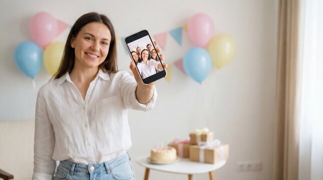 Young woman taking birthday selfie with smartphone at home