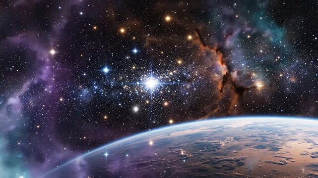 dark outer space environment featuring a subtle planetary glow on the horizon, scattered star clusters, and faint gaseous trails