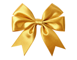 Close-up of a golden satin ribbon bow, with textured fabric details. Isolated on a black background