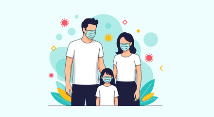 A family of three, father, mother, and child, wears protective face masks to prevent virus transmission, symbolizing health and safety during a pandemic.