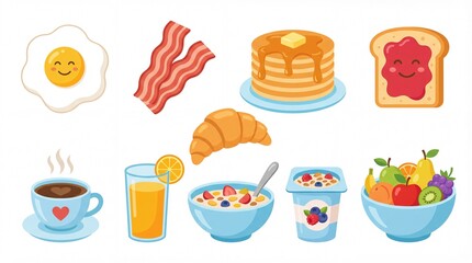 Cheerful Colorful Flat Vector Breakfast Food Icons Collection on White Background