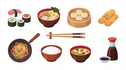Authentic Colorful Flat Design Asian Cuisine Food Icons Collection on White Background
