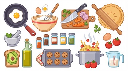 Colorful Flat Design Vector Cooking Ingredients & Kitchen Tools Icons on White
