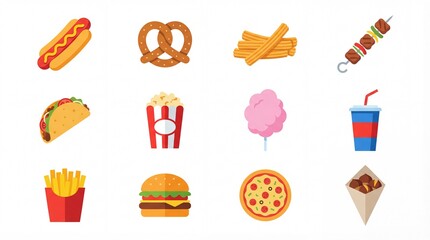 Dynamic Colorful Flat Design Vector Street Food & Snack Icons on White Background