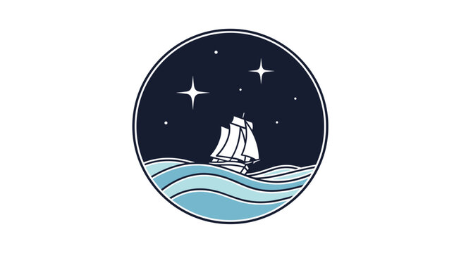 A stylized illustration depicting a vintage sailboat navigating a wavy ocean under a dark, star-studded night sky within a circular badge.