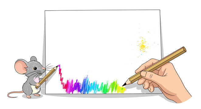 A charming cartoon mouse and a human hand collaborate to draw a vibrant, multi-colored wavy line on a white paper with pencils, symbolizing creativity. - Powered by Adobe