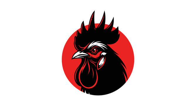 Intense black rooster head with a vibrant red comb and wattle, depicted in a bold graphic style within a circular emblem.