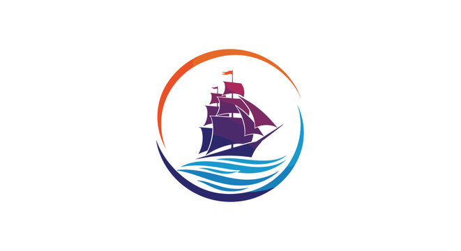 A stylized vibrant gradient logo featuring a tall sailing ship with billowing sails navigating over waves within a dynamic circular frame.