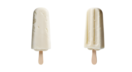 Two creamy vanilla popsicles on wooden sticks isolated against a white background