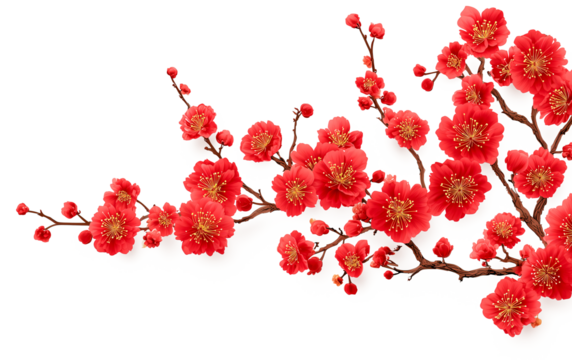 Paper cut border plum blossom red flower gold stamen oriental design festive decoration floral branch spring motif elegant traditional art graceful charm fills seasonal joy, isolated - Powered by Adobe