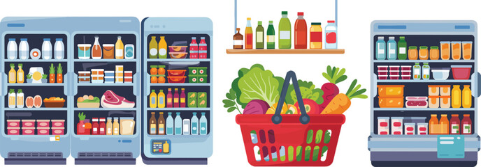 Grocery Shopping Collection Set: Full Fridge, Display Shelves, and Red Basket Filled with Fresh Vegetables and Healthy Foods.