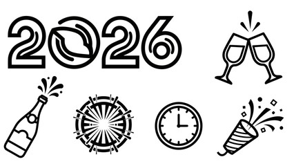Black and white line art icons for New Year's Eve 2026 celebration, including champagne, clock, and party popper.