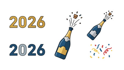 Illustration of the year 2026 with popping champagne bottles and festive confetti, symbolizing New Year's celebration and future events.
