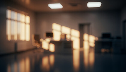 Golden hour sunlight spills through windows and casts diffused reflections on the office floor, giving the softly blurred workspace a peaceful, warm, and visually quiet atmosphere.