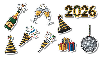 New Year's Eve 2026 celebration stickers with champagne, party hats, gifts, and disco ball.