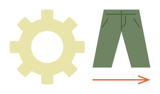 Cream gear beside green pants and orange arrow imply efficiency, production, and direction. Ideal for productivity, workflow, automation, progress, manufacturing apparel teamwork. Simple flat