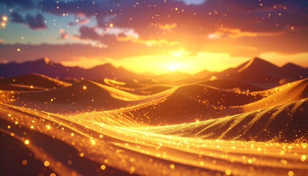 A breathtaking desert landscape at sunset, with golden light illuminating the sand dunes and sparkling particles creating a magical, ethereal glow. - Powered by Adobe