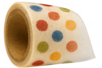 Colorful polka dot fabric roll with felt texture, unwinding textile ribbon for decoration and craft projects