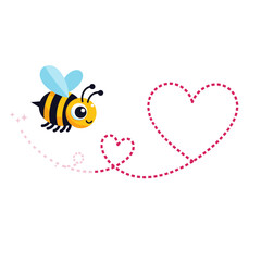 Cute Cartoon Bee Flying and Drawing a Heart-Shaped Dotted Trail