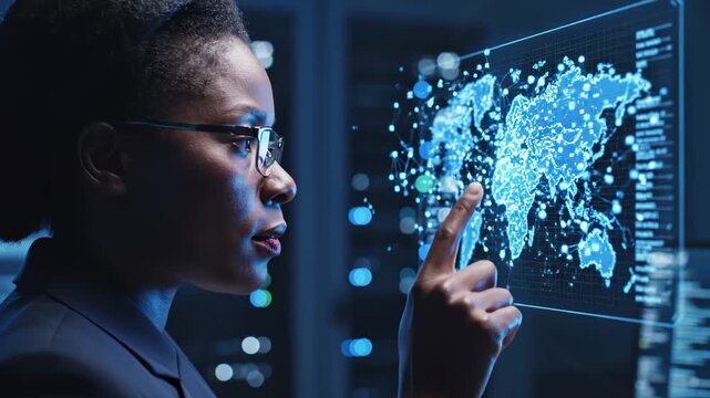 Female Data Scientist Touching Digital Earth Hologram on Screen