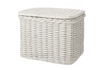 White woven rattan laundry hamper with lid, offering stylish storage for homes. Transparent background for easy integration