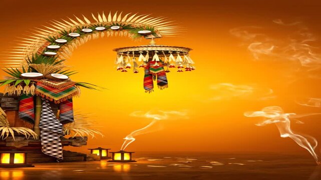 Galungan animated,  penjor gently swaying with soft wind, subtle temple lantern reflections