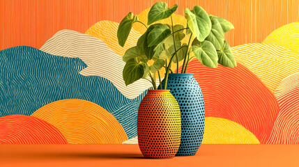 Colorful vase ceramic pot houseplant green leaves geometric halftone modern waves abstract pattern orange background blue vase interior decor. Colorful vase ceramic pot houseplant green leaves