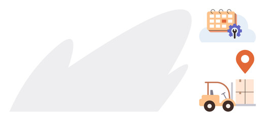 Calendar with gear, location pin, forklift moving a box near refrigerator. Ideal for scheduling, transport, supply chain, operations, warehouse inventory planning. Simple flat metaphor