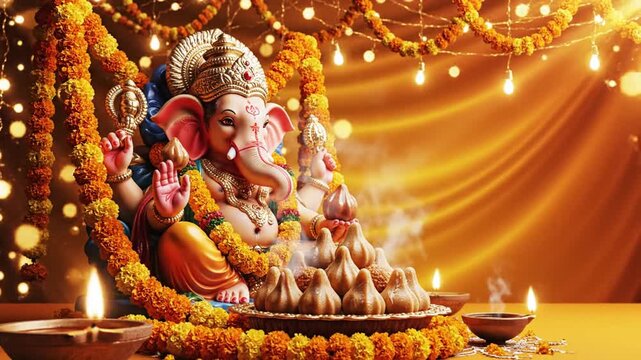 Ganesh Chaturthi festive banner, celebratory Ganesha idol with modaks, marigold strings, bright festival lights