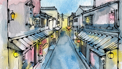 Unique Watercolor Illustration of a Small Japanese Urban Alley
