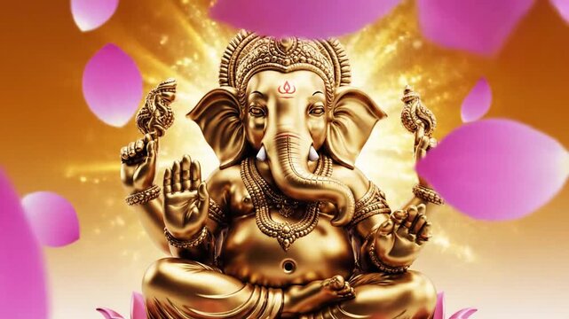 Ganesha blessing banner, serene murti with radiant aura, lotus petals floating
