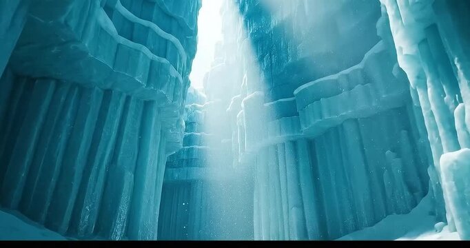 Majestic Ice Canyon with Sunlight Streaming Through, Creating a Serene Winter Landscape