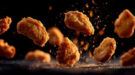 Golden Fried Chicken Nuggets Floating in Mid-Air, Delicious Food.