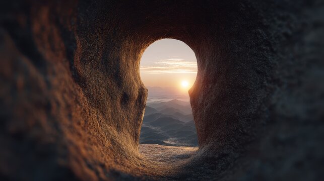 Keyhole view of sunlit landscape, [success opportunity], [concept of visualizing and unlocking potential]