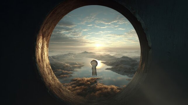Fototapeta Keyhole view of sunlit landscape, [success opportunity], [concept of visualizing and unlocking potential]
