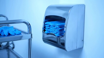 Surgical gloves in dispenser, healthcare concept. Sterile blue gloves for hygiene, medicine. Infection control, and medical procedures for safety in hospital setting. Healthcare.