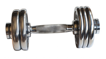 Fototapeta premium A shiny metal dumbbell with textured handle and plates isolated on studio shot on transparent background