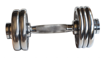 A shiny metal dumbbell with textured handle and plates isolated on  studio shot on transparent background