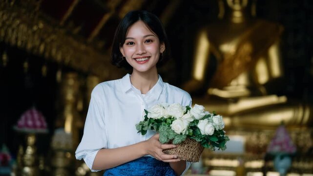Thai Woman Smiling Holding White Rose Bouquet in Temple Ceremony