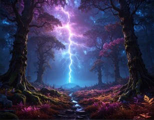 Fototapeta premium Forest lightning storm purple trees nature