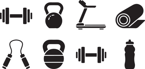 Fitness equipment icons in minimalist silhouette style for gym and exercise themes