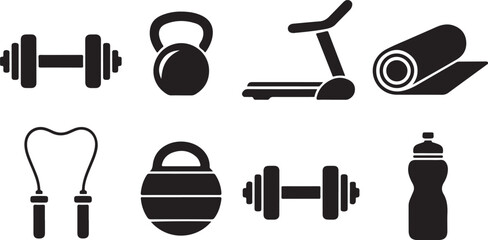 Fitness equipment icons in minimalist silhouette style for gym and exercise themes