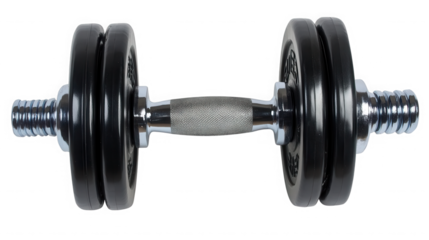 Close up shot of a single dumbbell with black weights and a silver handle on  on transparent background