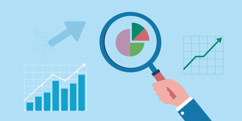 Analyzing business performance with charts and magnifying glass illustration